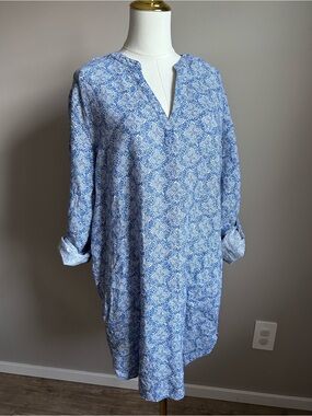 Sigrid Olsen 100% linen Blue Floral Long Sleeve V-Neck Tunic Dress with pockets